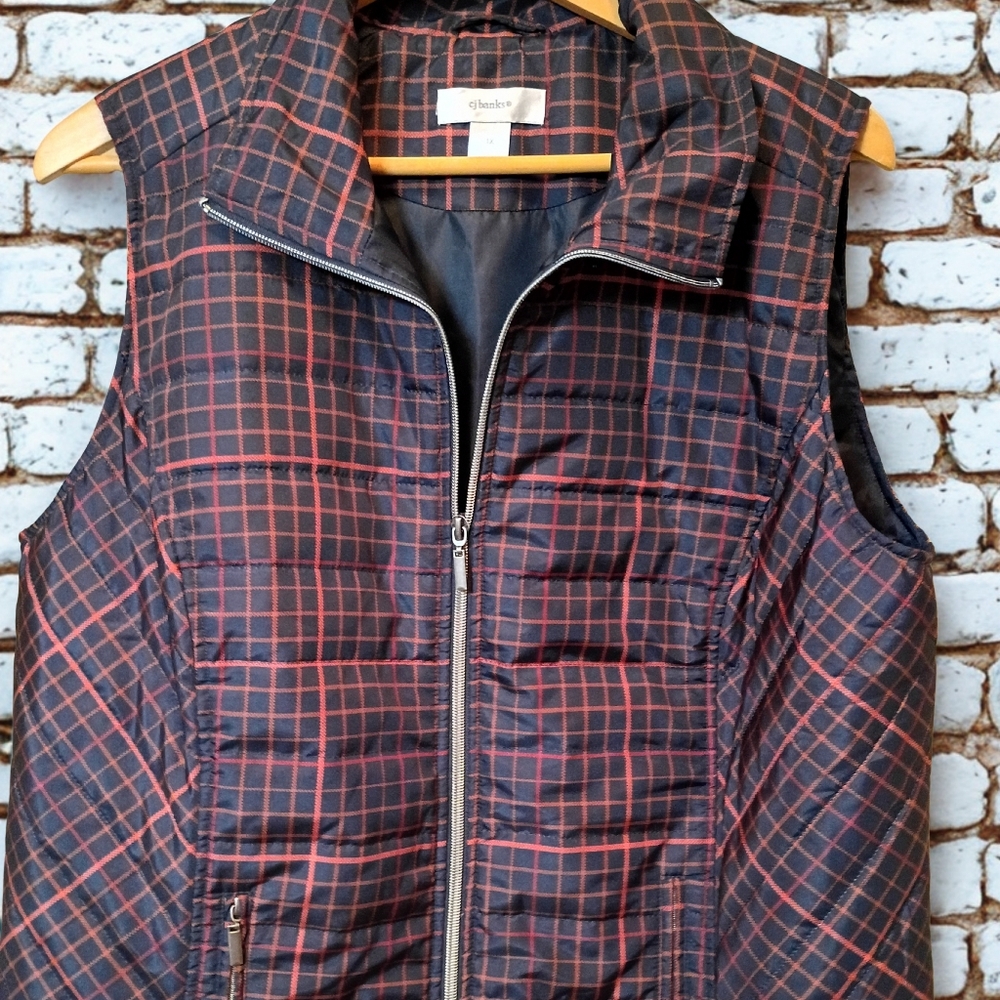 CJ Banks Vest Womens 1X Purple Plaid Sleeveless Puffer Quilted Vest